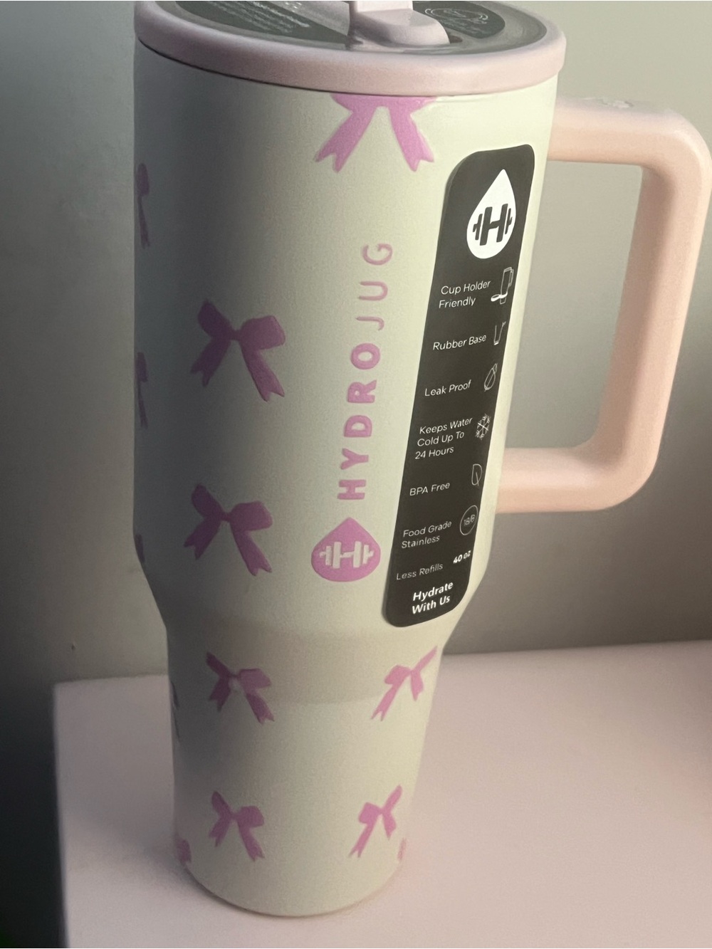 HydroJug Mint Green Travel Tumbler with Pink Bows and Handle